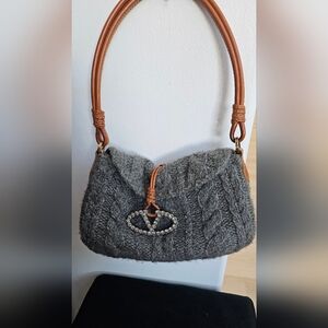 Valentino Garavani Gray Knit Shoulder Bag with Tan Handle